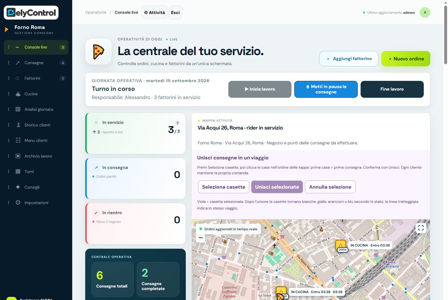 Console reale con turno in corso, statistiche del servizio e mappa delle consegne