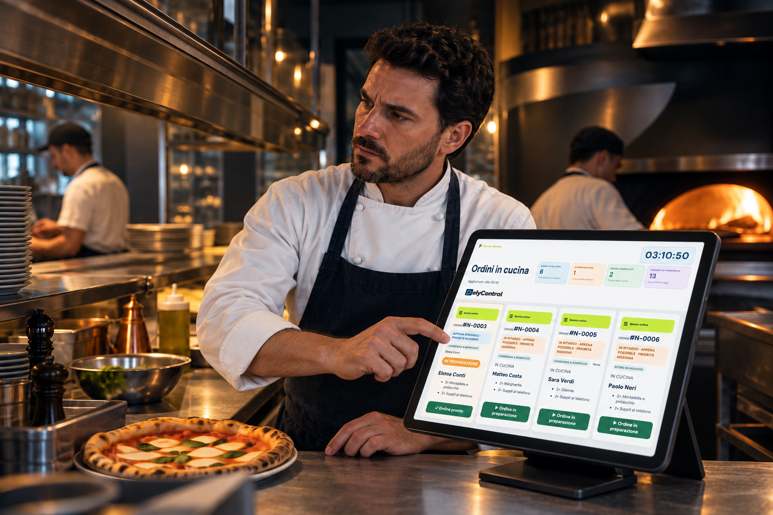 Dopo: lo stesso cuoco vicino al tablet con il portale cucina DelyControl, scena illustrativa AI