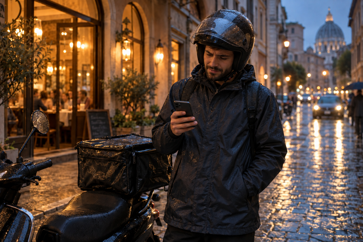 Scena illustrativa: lo stesso rider, fermo accanto allo scooter, consulta il proprio smartphone